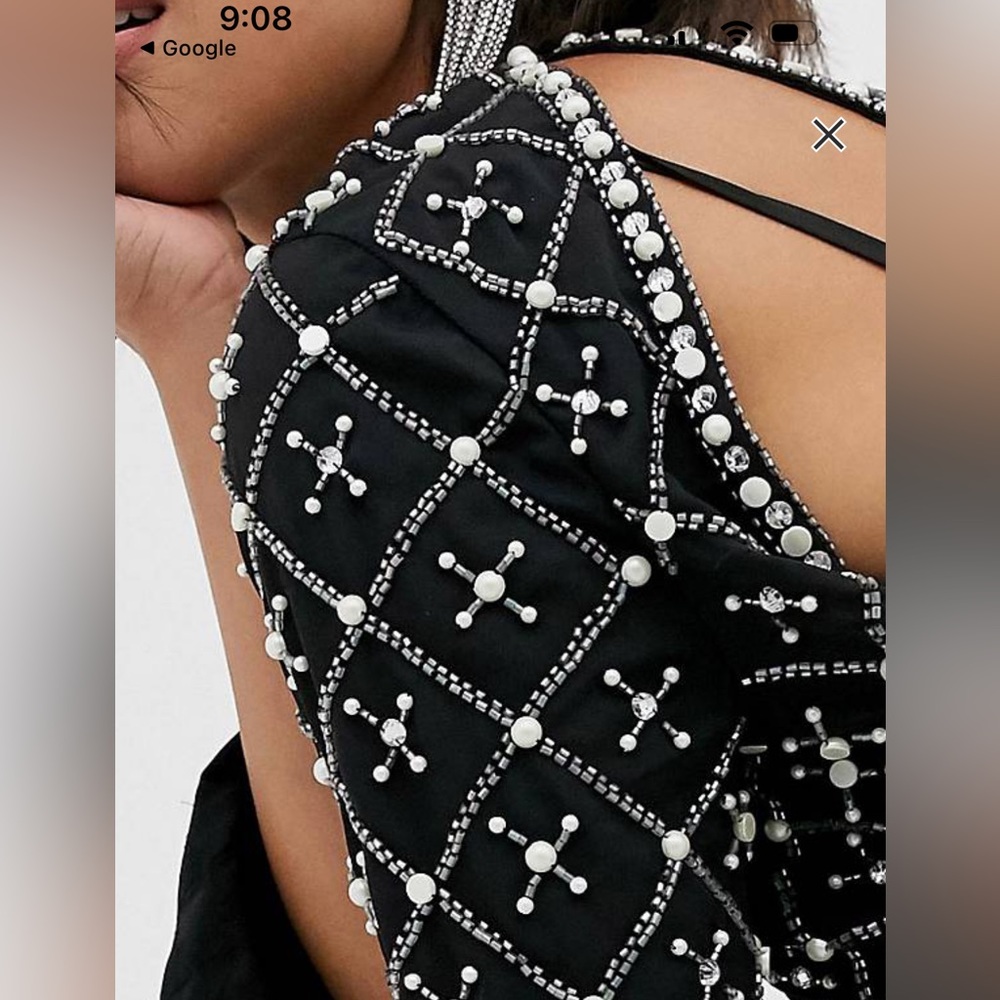 ASOS DESIGN black mini dress with long sleeve in pearl & beaded embellishment - Picture 4 of 6